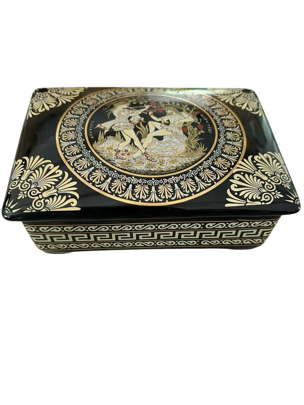 V. Stakis Vintage Greek Trinket Box  Hand Painted Gold Leaf Neo Classical